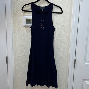 Ralph Lauren navy blue sleeveless stretch dress with a flared hemline.